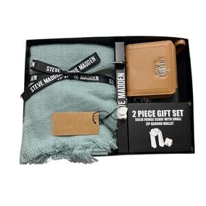 Steve Madden Solid Fringe Scarf & Zip Around Wallet Set Teal Camel Gift Set New
